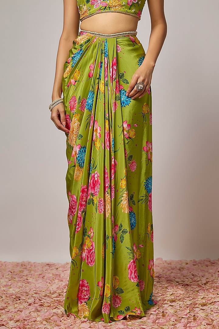 Mehendi Green Pure Crepe Floral Printed Draped Skirt Set by Krishna Padia at Pernia's Pop Up Shop