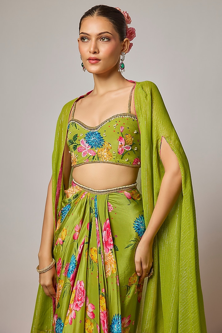 Mehendi Green Pure Crepe Floral Printed Draped Skirt Set by Krishna Padia at Pernia's Pop Up Shop