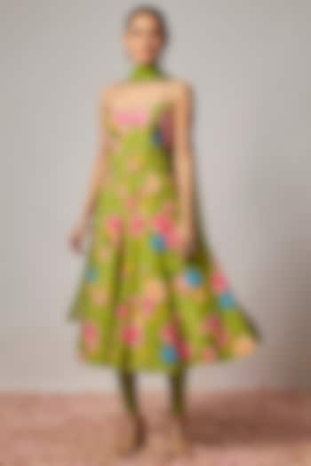 Mehendi Green Pure Crepe Floral Printed Wedding Anarkali Set by Krishna Padia at Pernia's Pop Up Shop