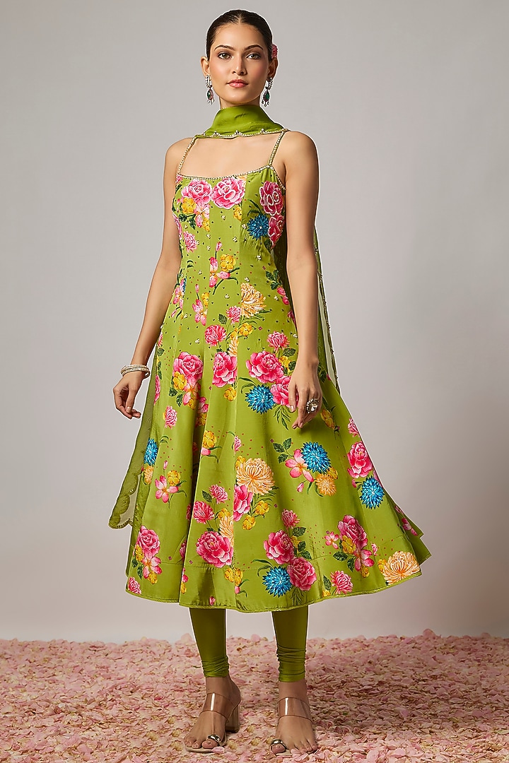 Mehendi Green Pure Crepe Floral Printed Wedding Anarkali Set by Krishna Padia at Pernia's Pop Up Shop