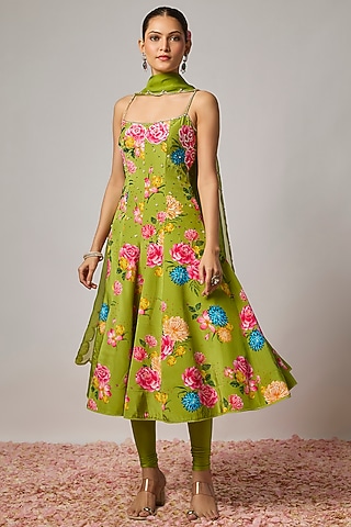Mehendi Green Pure Crepe Floral Printed Anarkali Set by Krishna Padia