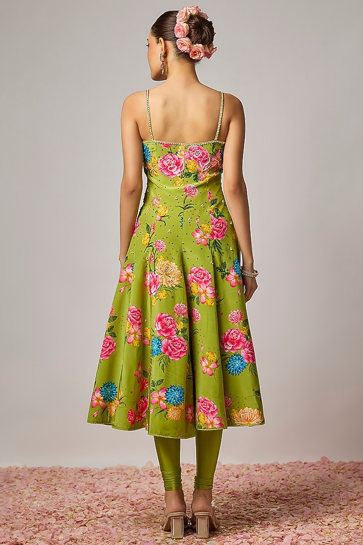 Mehendi Green Pure Crepe Floral Printed Wedding Anarkali Set by Krishna Padia at Pernia's Pop Up Shop