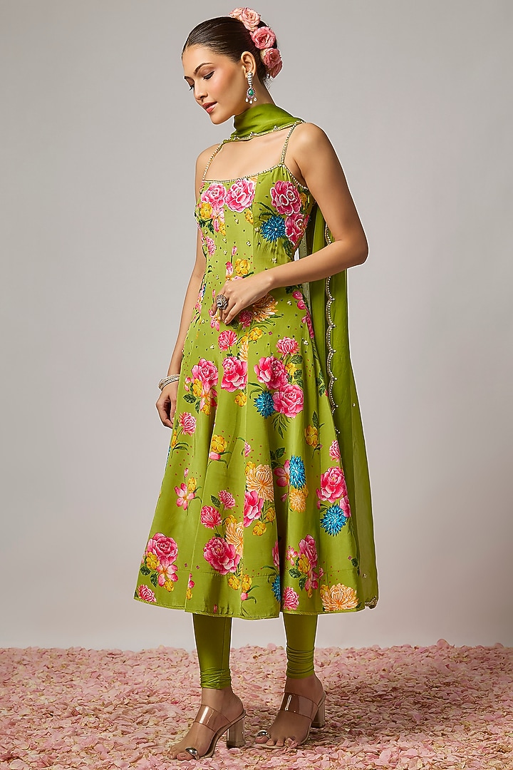 Mehendi Green Pure Crepe Floral Printed Wedding Anarkali Set by Krishna Padia at Pernia's Pop Up Shop