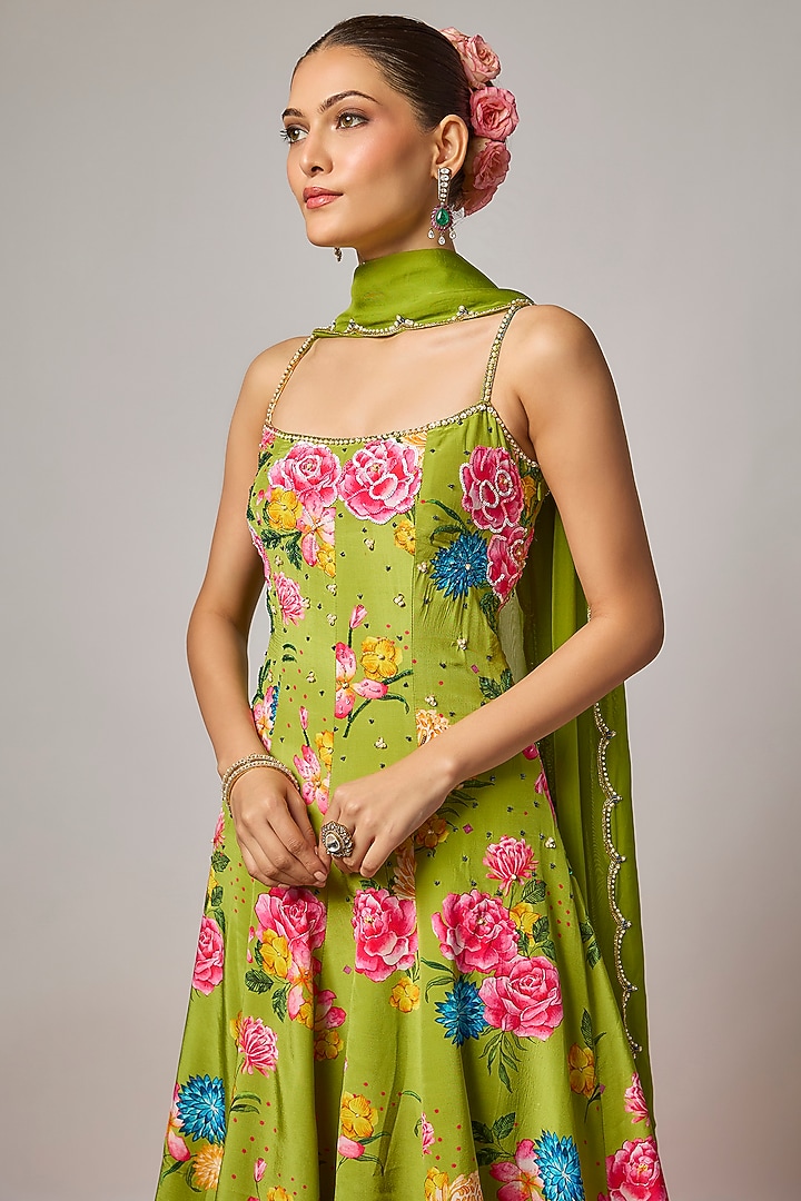 Mehendi Green Pure Crepe Floral Printed Wedding Anarkali Set by Krishna Padia at Pernia's Pop Up Shop