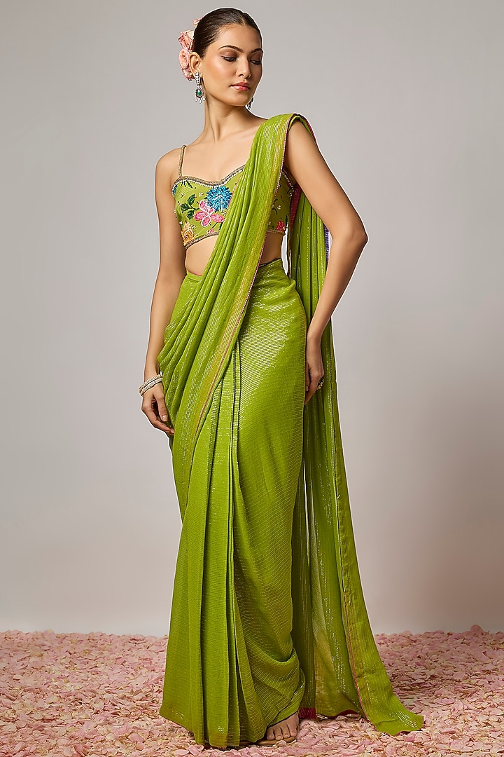 Mehendi Green Lurex Georgette Sequin Embellished Pre-Draped Party Wear Saree Set by Krishna Padia at Pernia's Pop Up Shop