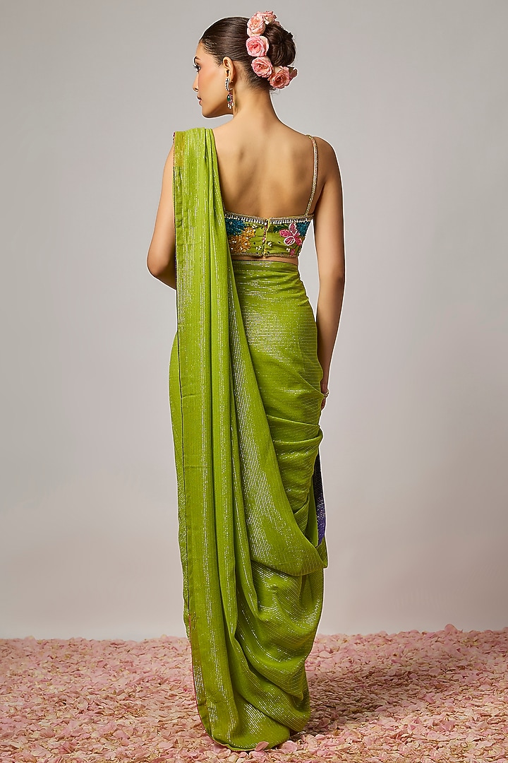 Mehendi Green Lurex Georgette Sequin Embellished Pre-Draped Party Wear Saree Set by Krishna Padia at Pernia's Pop Up Shop