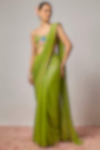 Mehendi Green Lurex Georgette Sequin Embellished Pre-Draped Party Wear Saree Set by Krishna Padia at Pernia's Pop Up Shop