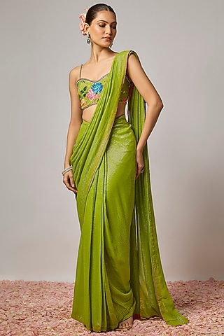 Mehendi Green Lurex Georgette Sequin Embellished Pre-Draped Saree Set by Krishna Padia