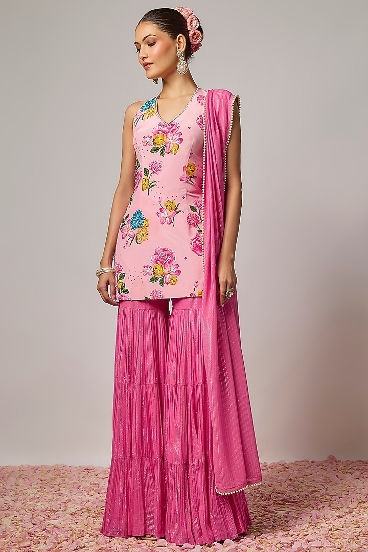Pink Lurex Georgette Wedding Sharara Set by Krishna Padia at Pernia's Pop Up Shop