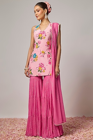 Pink Lurex Georgette Sharara Set by Krishna Padia