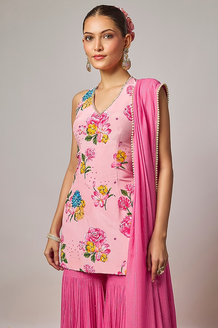 Pink Lurex Georgette Party Wear Sharara Set by Krishna Padia at Pernia's Pop Up Shop