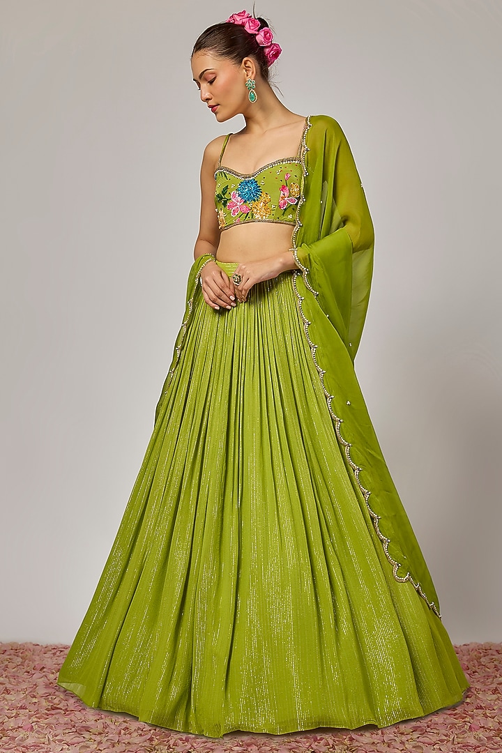 Mehendi Green Lurex Georgette Sequins Embroidered Wedding Lehenga Set by Krishna Padia at Pernia's Pop Up Shop