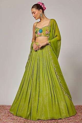 Mehendi Green Lurex Georgette Sequins Embroidered Lehenga Set by Krishna Padia
