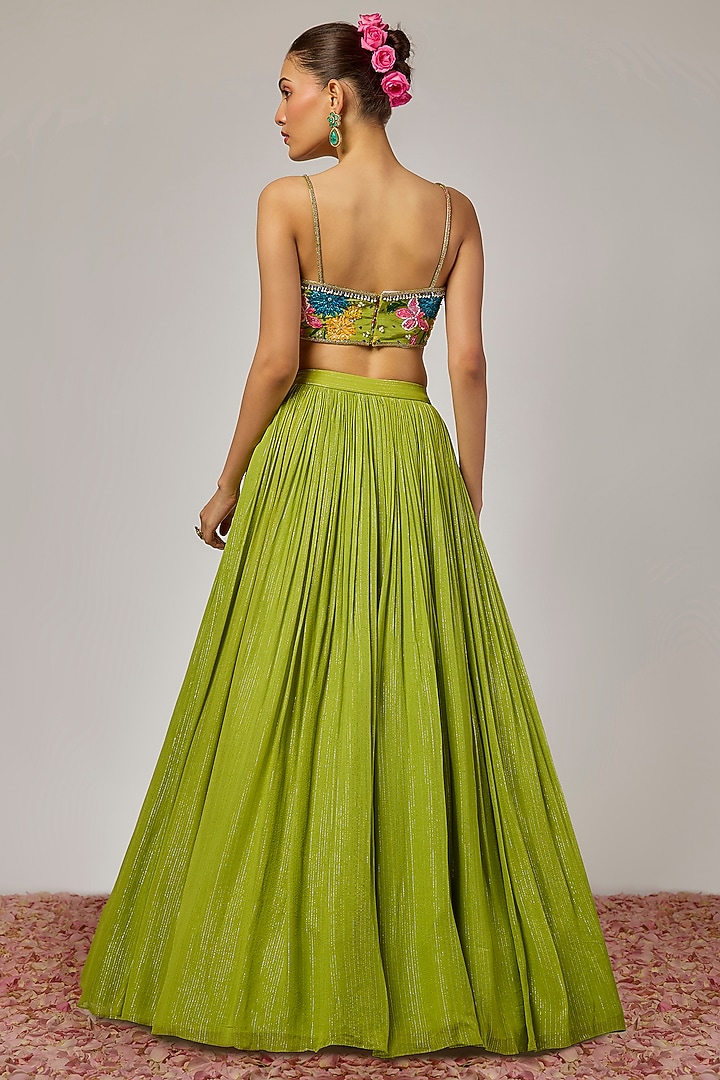 Mehendi Green Lurex Georgette Sequins Embroidered Wedding Lehenga Set by Krishna Padia at Pernia's Pop Up Shop
