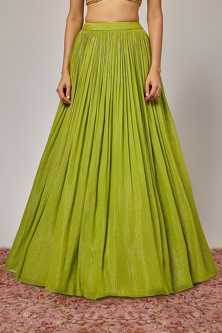 Mehendi Green Lurex Georgette Sequins Embroidered Wedding Lehenga Set by Krishna Padia at Pernia's Pop Up Shop