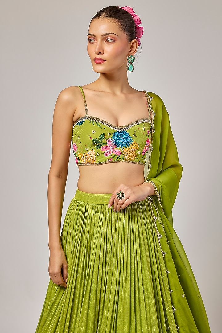Mehendi Green Lurex Georgette Sequins Embroidered Wedding Lehenga Set by Krishna Padia at Pernia's Pop Up Shop