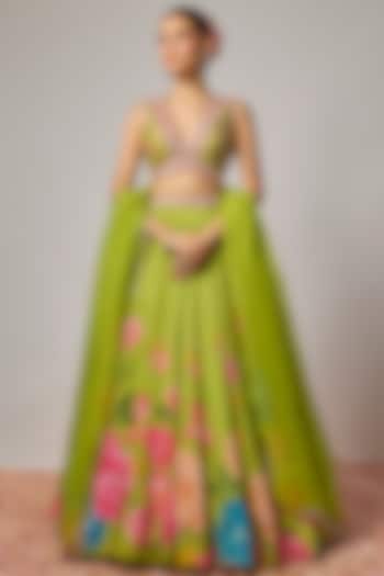 Mehendi Green Dola Silk Floral Printed Wedding Lehenga Set by Krishna Padia at Pernia's Pop Up Shop