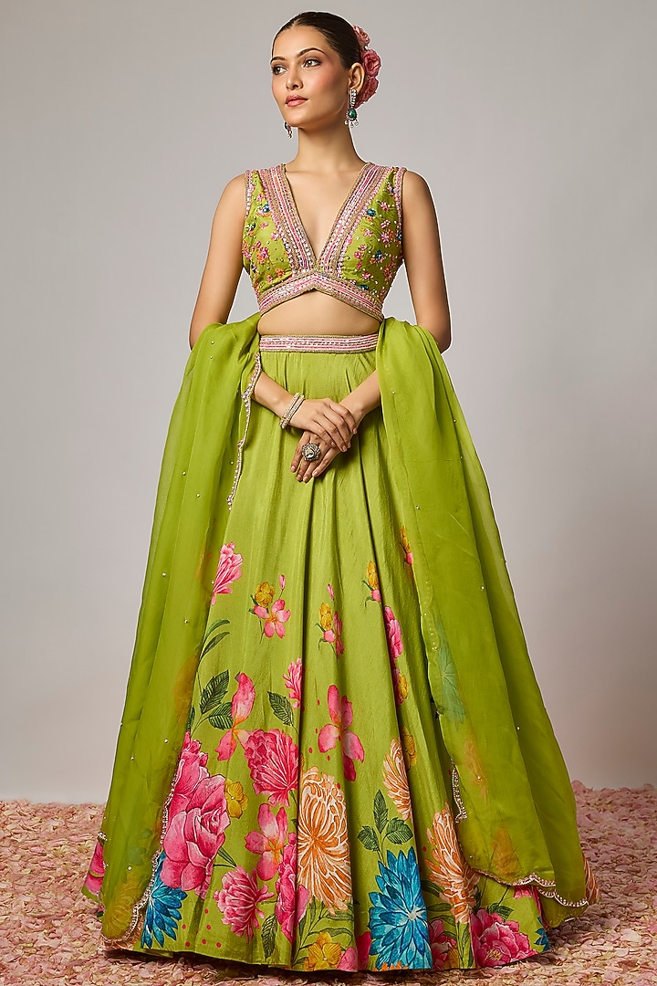 Mehendi Green Dola Silk Floral Printed Wedding Lehenga Set by Krishna Padia at Pernia's Pop Up Shop