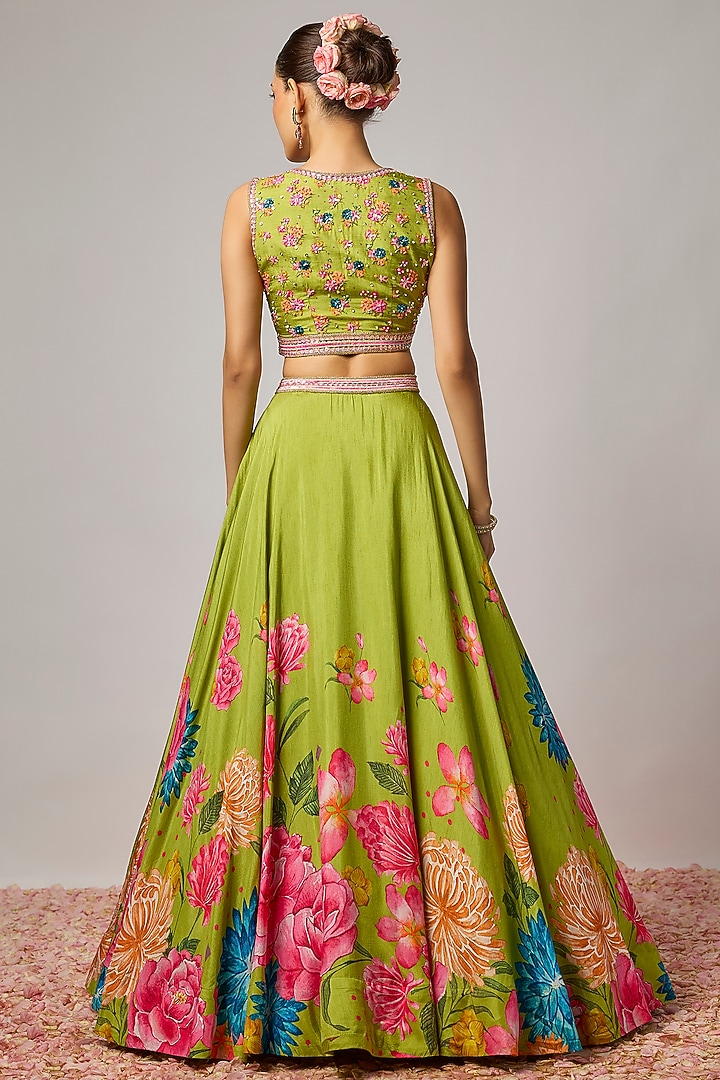 Mehendi Green Dola Silk Floral Printed Wedding Lehenga Set by Krishna Padia at Pernia's Pop Up Shop