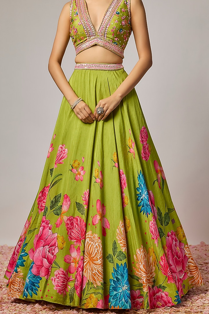 Mehendi Green Dola Silk Floral Printed Wedding Lehenga Set by Krishna Padia at Pernia's Pop Up Shop