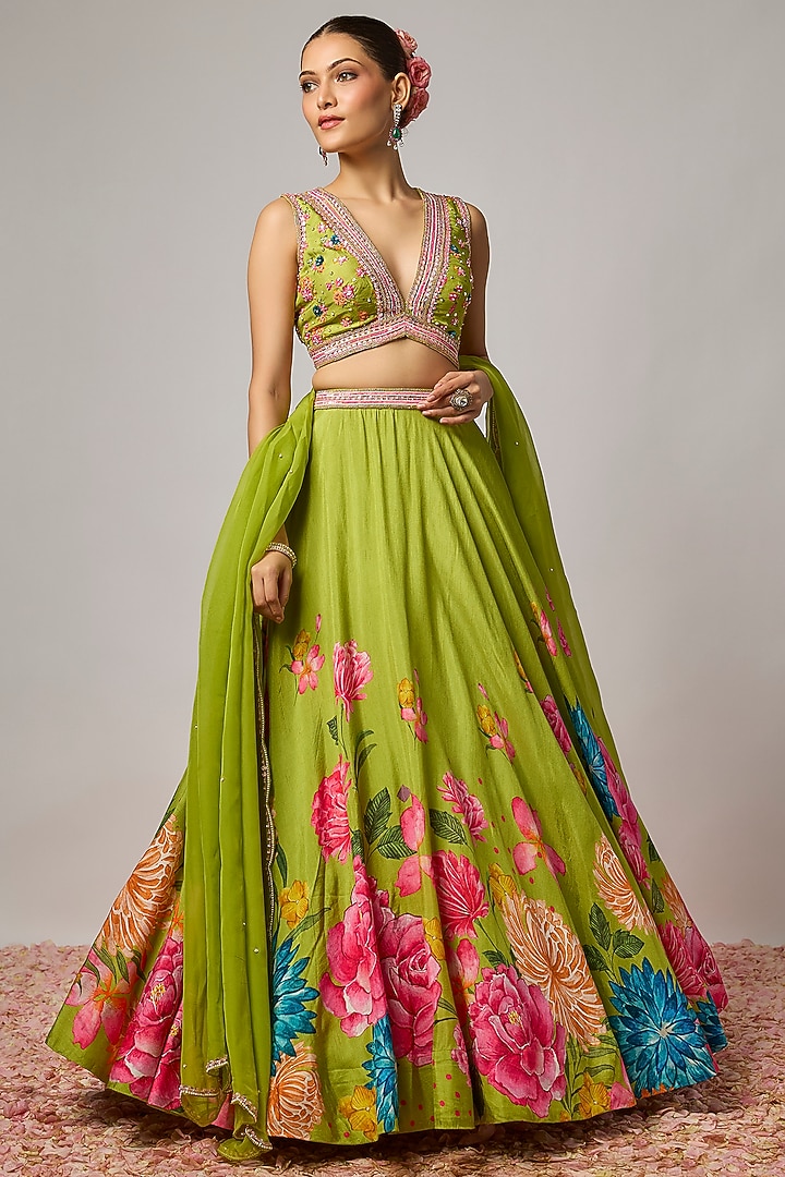 Mehendi Green Dola Silk Floral Printed Wedding Lehenga Set by Krishna Padia at Pernia's Pop Up Shop
