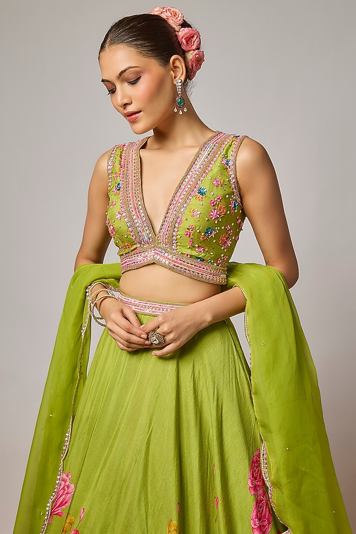 Mehendi Green Dola Silk Floral Printed Wedding Lehenga Set by Krishna Padia at Pernia's Pop Up Shop