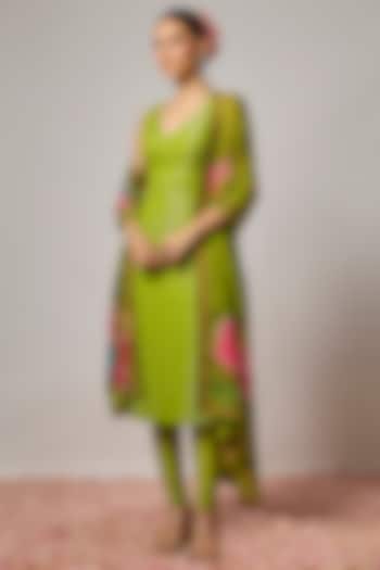 Mehendi Green Lurex Georgette Sequins Embroidered Kurta Set by Krishna Padia at Pernia's Pop Up Shop