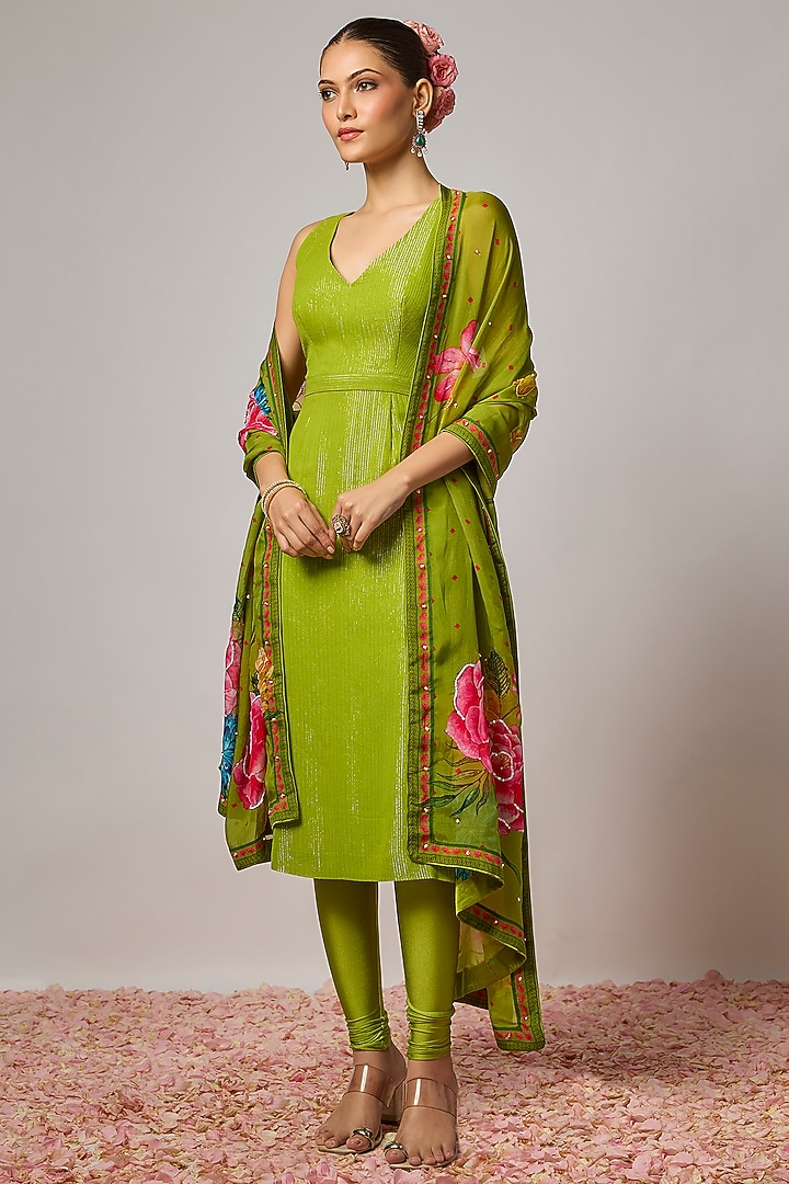 Mehendi Green Lurex Georgette Sequins Embroidered Kurta Set by Krishna Padia at Pernia's Pop Up Shop