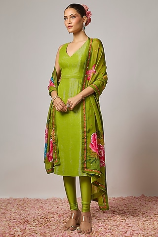 Mehendi Green Lurex Georgette Sequins Embroidered Kurta Set by Krishna Padia