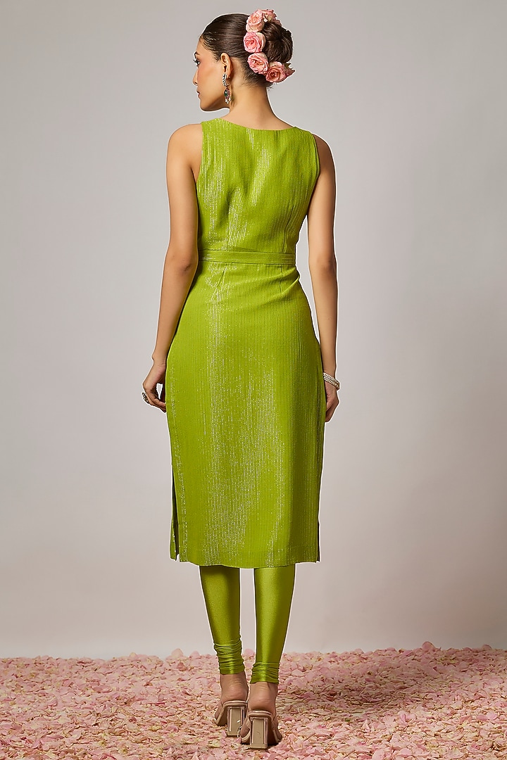 Mehendi Green Lurex Georgette Sequins Embroidered Kurta Set by Krishna Padia at Pernia's Pop Up Shop
