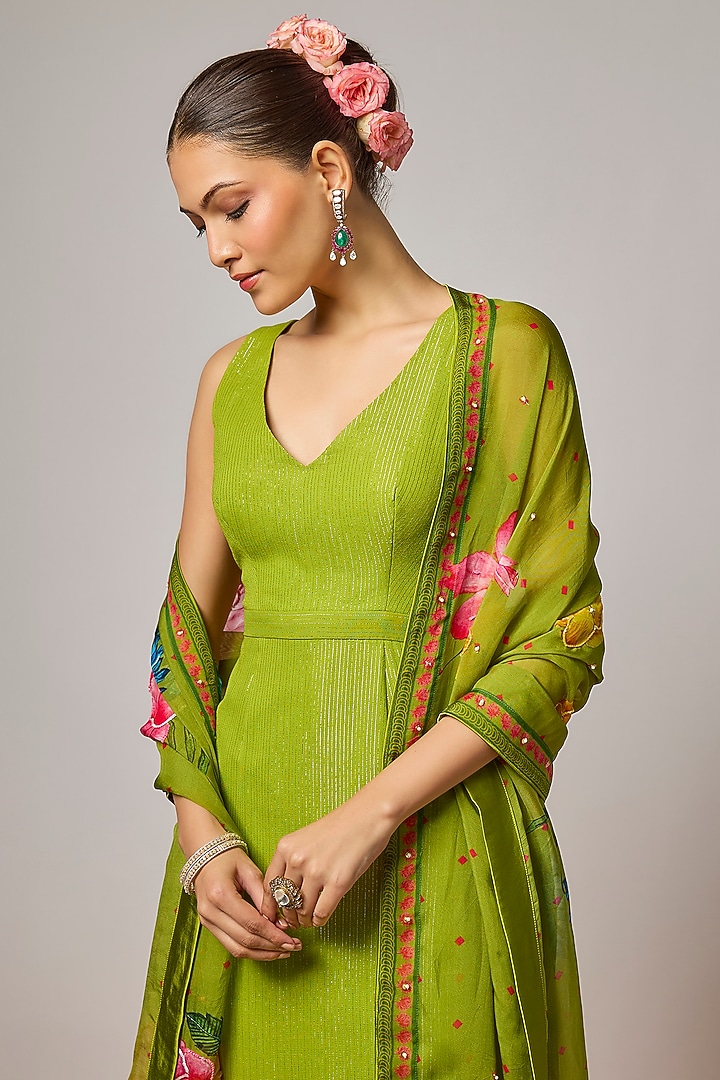 Mehendi Green Lurex Georgette Sequins Embroidered Kurta Set by Krishna Padia at Pernia's Pop Up Shop