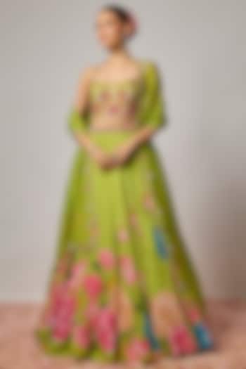 Mehendi Green Dola Silk Floral Motif Embroidered Wedding Lehenga Set by Krishna Padia at Pernia's Pop Up Shop