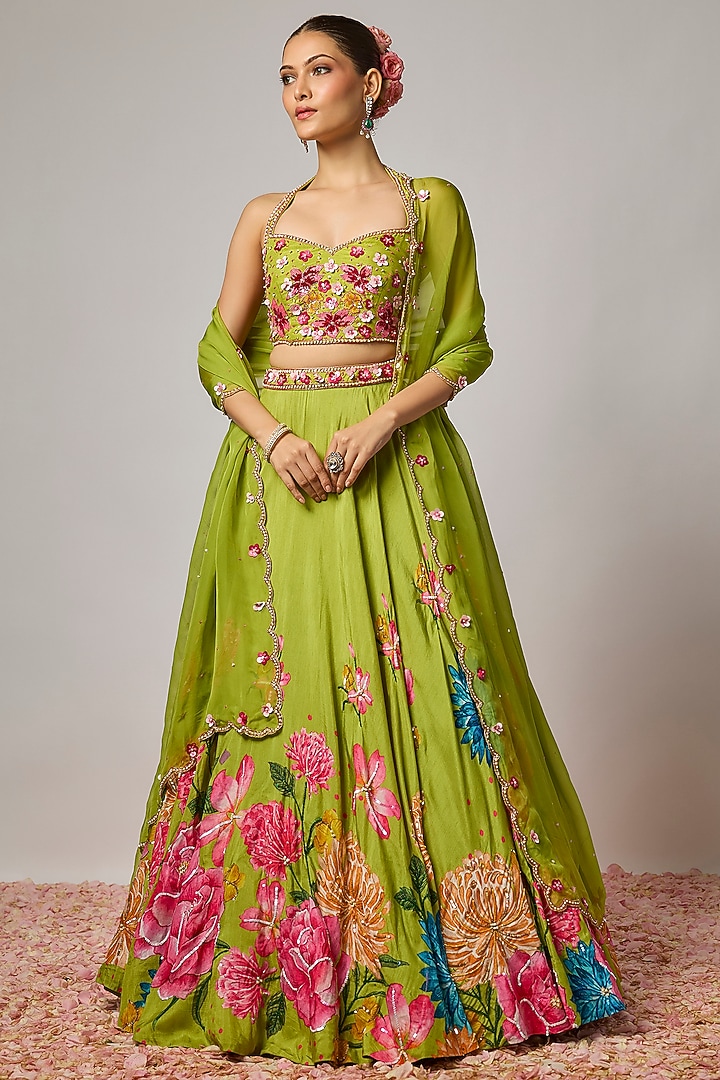 Mehendi Green Dola Silk Floral Motif Embroidered Wedding Lehenga Set by Krishna Padia at Pernia's Pop Up Shop