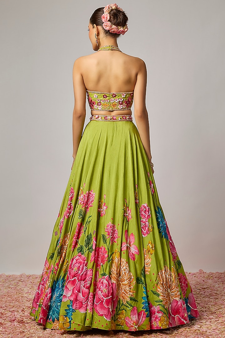 Mehendi Green Dola Silk Floral Motif Embroidered Wedding Lehenga Set by Krishna Padia at Pernia's Pop Up Shop