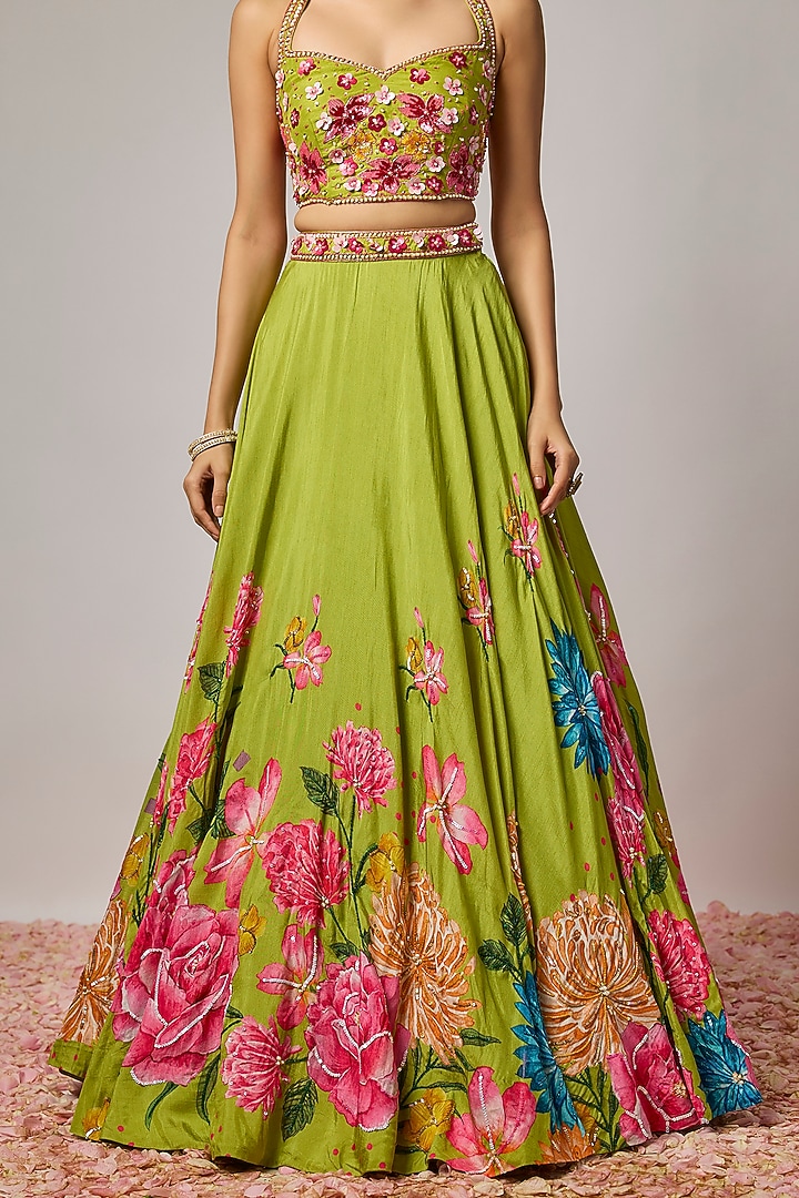 Mehendi Green Dola Silk Floral Motif Embroidered Wedding Lehenga Set by Krishna Padia at Pernia's Pop Up Shop