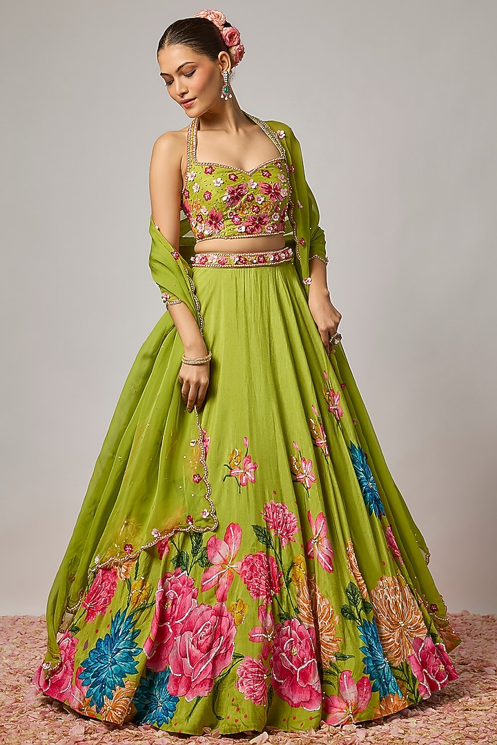 Mehendi Green Dola Silk Floral Motif Embroidered Wedding Lehenga Set by Krishna Padia at Pernia's Pop Up Shop