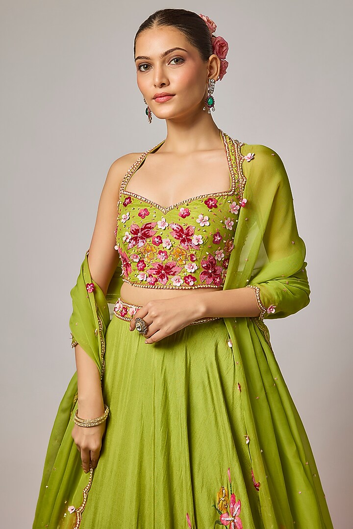 Mehendi Green Dola Silk Floral Motif Embroidered Wedding Lehenga Set by Krishna Padia at Pernia's Pop Up Shop