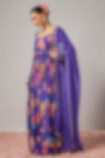 Deep Purple Pure Crepe Floral Printed & Embroidered Wedding Anarkali Set by Krishna Padia at Pernia's Pop Up Shop