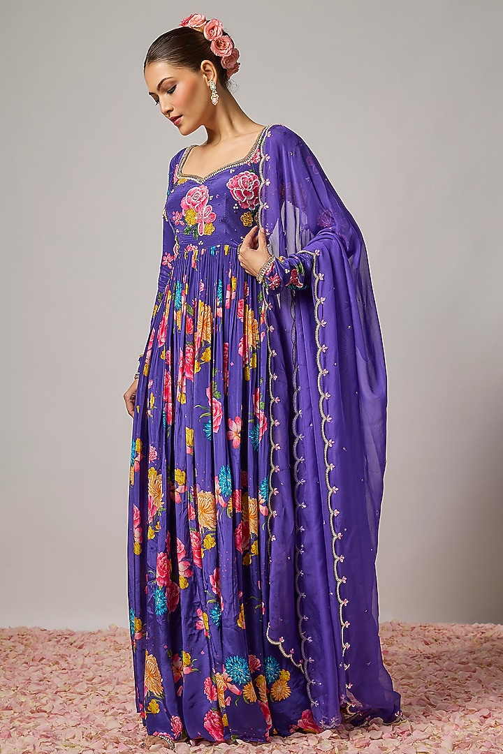 Deep Purple Pure Crepe Floral Printed & Embroidered Wedding Anarkali Set by Krishna Padia at Pernia's Pop Up Shop