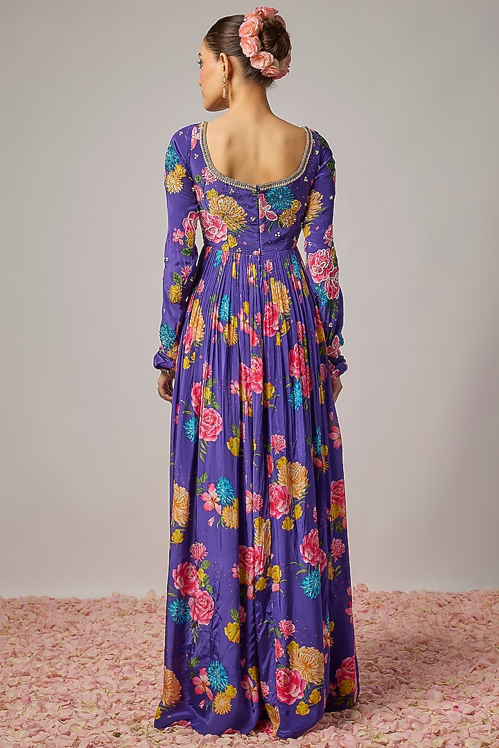 Deep Purple Pure Crepe Floral Printed & Embroidered Wedding Anarkali Set by Krishna Padia at Pernia's Pop Up Shop
