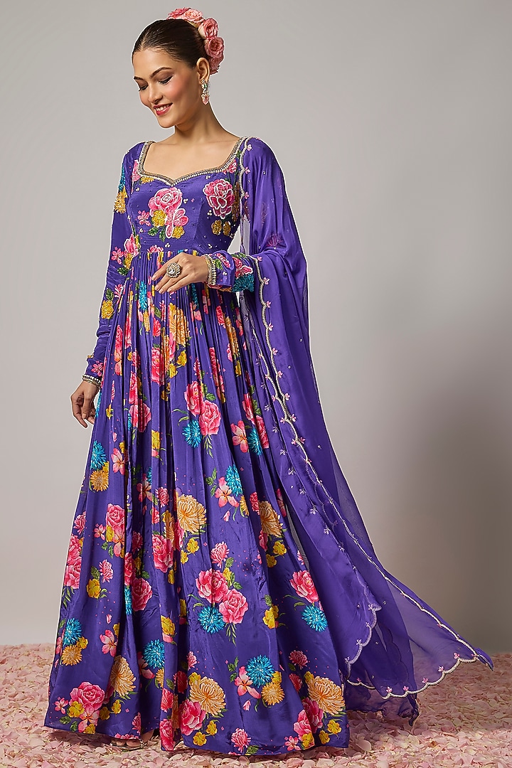 Deep Purple Pure Crepe Floral Printed & Embroidered Wedding Anarkali Set by Krishna Padia at Pernia's Pop Up Shop