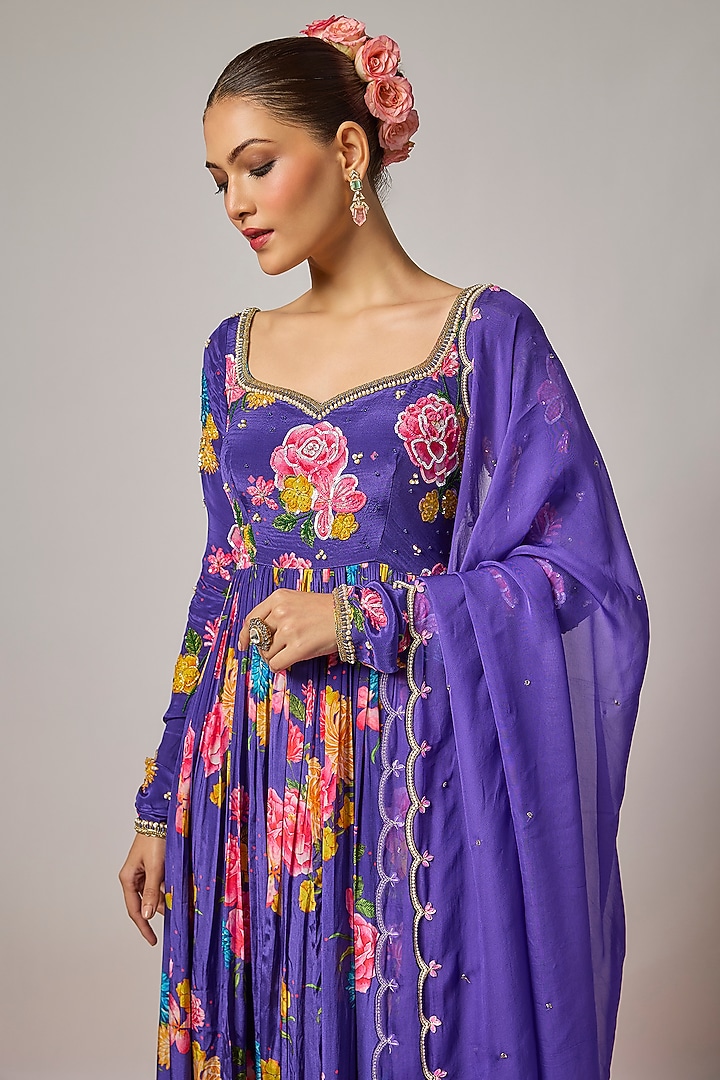 Deep Purple Pure Crepe Floral Printed & Embroidered Wedding Anarkali Set by Krishna Padia at Pernia's Pop Up Shop