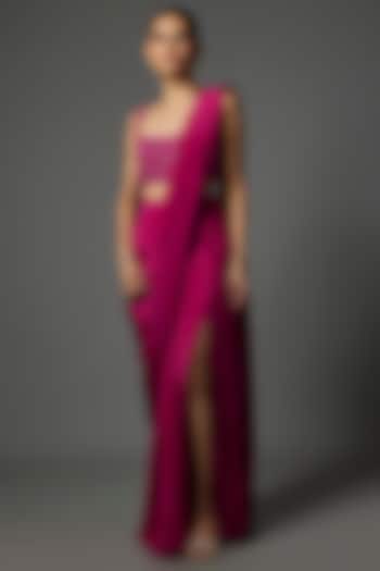 Pink Pure Crepe Pre-Draped Slit Wedding Saree Set by Krishna Padia at Pernia's Pop Up Shop
