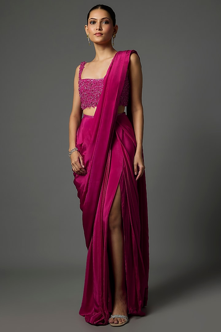 Pink Pure Crepe Pre-Draped Slit Wedding Saree Set by Krishna Padia at Pernia's Pop Up Shop