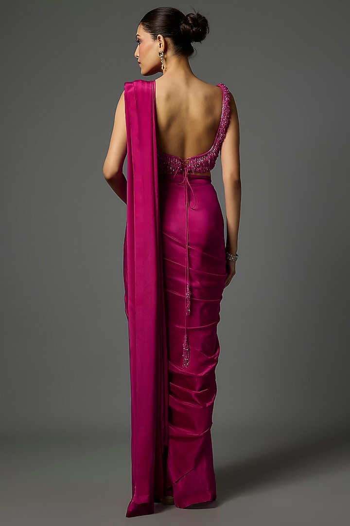 Pink Pure Crepe Pre-Draped Slit Wedding Saree Set by Krishna Padia at Pernia's Pop Up Shop