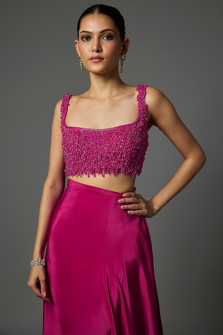 Pink Pure Crepe Pre-Draped Slit Wedding Saree Set by Krishna Padia at Pernia's Pop Up Shop