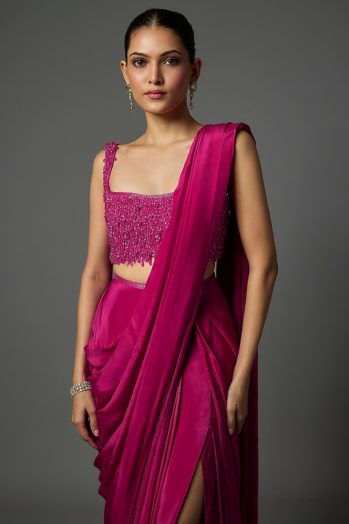 Pink Pure Crepe Pre-Draped Slit Wedding Saree Set by Krishna Padia at Pernia's Pop Up Shop