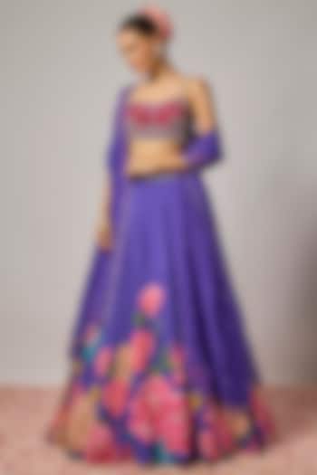 Deep Purple Dola Silk Floral Motif Embroidered Wedding Lehenga Set by Krishna Padia at Pernia's Pop Up Shop