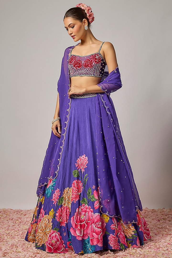 Deep Purple Dola Silk Floral Motif Embroidered Wedding Lehenga Set by Krishna Padia at Pernia's Pop Up Shop
