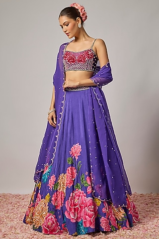 Deep Purple Dola Silk Floral Motif Embroidered Lehenga Set by Krishna Padia